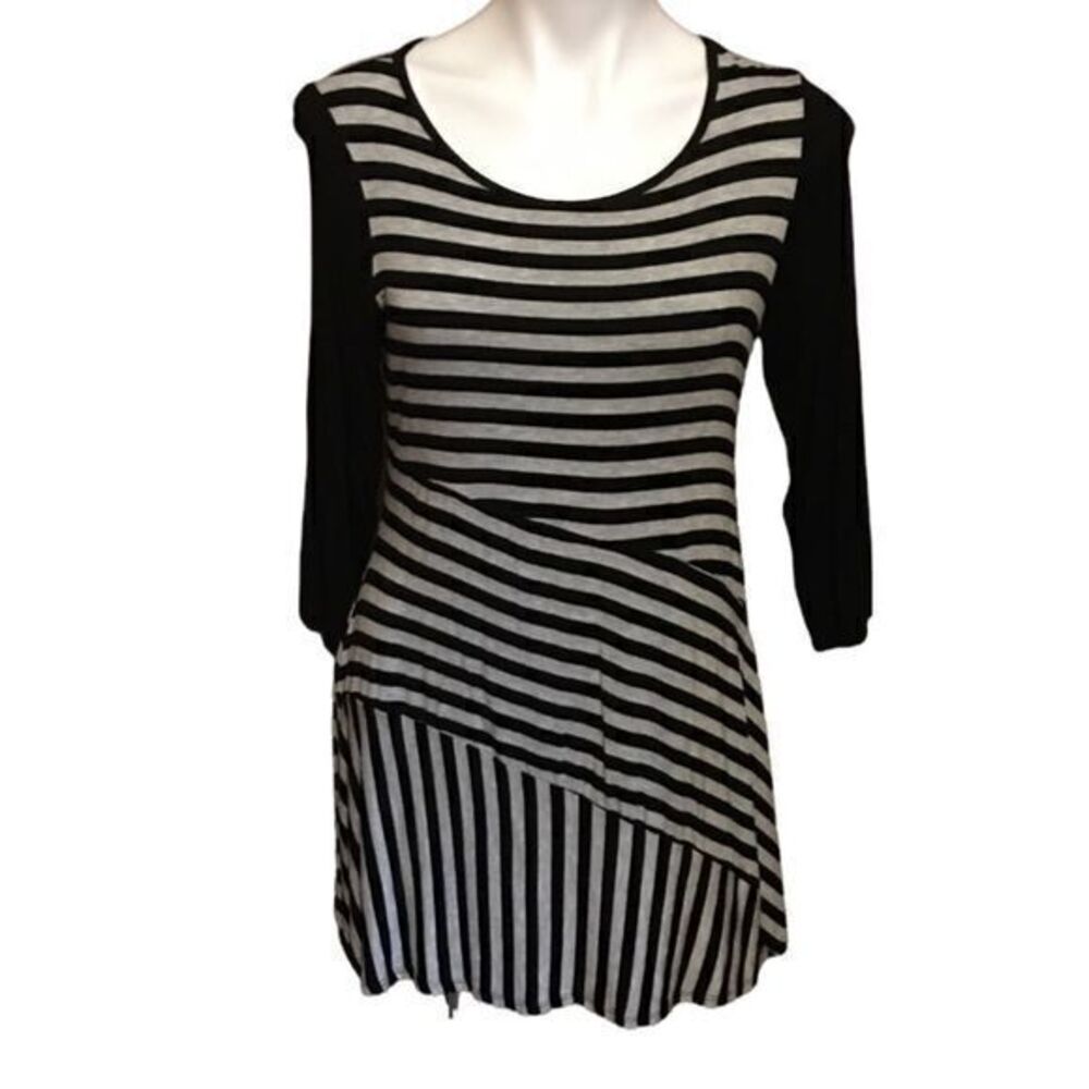 R. Rouge Women's Top Scoop Neck 3/4 Sleeve Striped Gray‎ Black Large